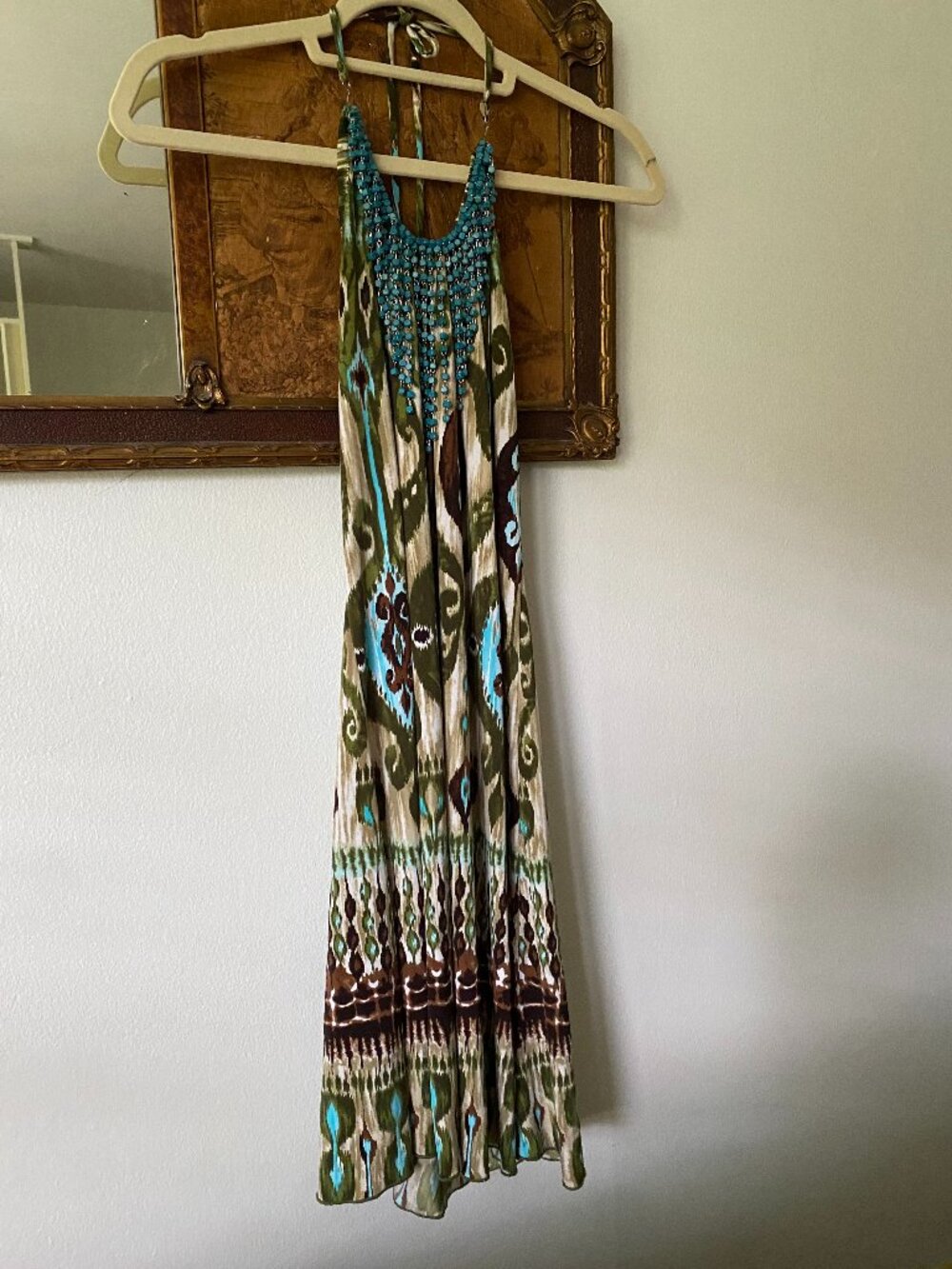 Vintage y2k Turquoise Beaded Boho Tribal Mini Party Halter Dress Small Summer